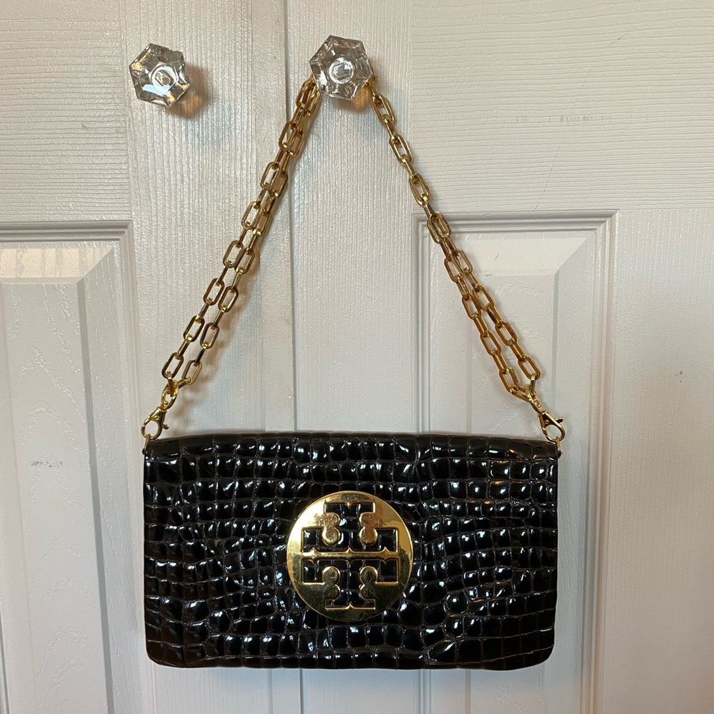 Tory Burch Croc Reva Black Clutch
